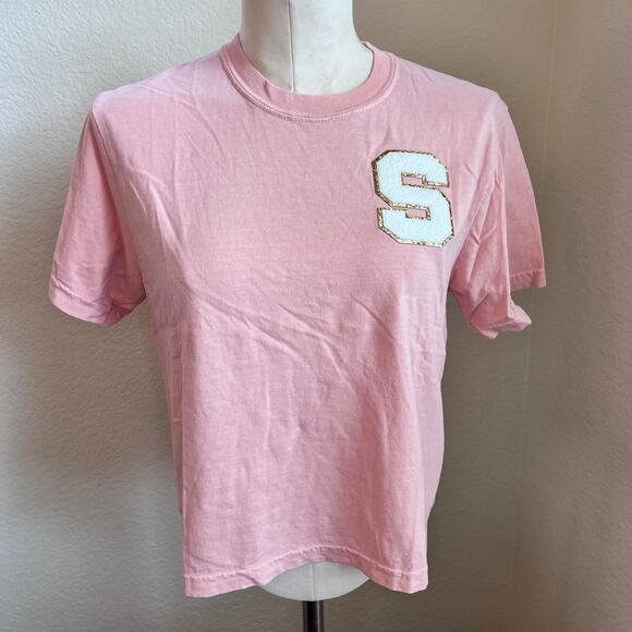 Comfort Colors Tops - Comfort Colors Chenille Letter S blush pink cotton Tshirt Womens small NEW
